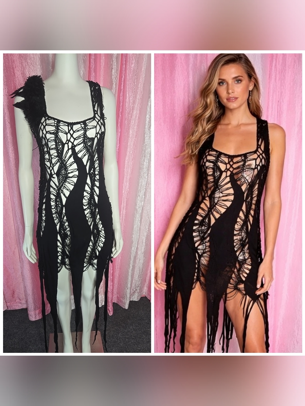 Punk Rave Whimsigoth Black Crochet Feather Sheer Festival Dress Size Medium
